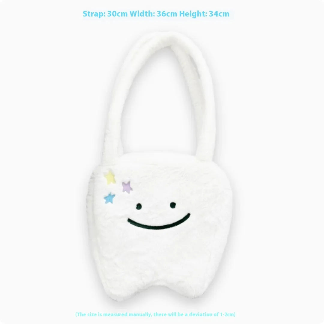White plush large tooth design shoulder tote bag with crossbody strap and zipper opening