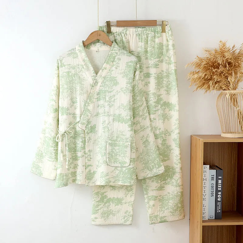 Women's pure cotton gauze lounge suit set in frosted pine trees colour with trousers and long sleeve top