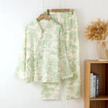 Women's pure cotton gauze lounge suit set in frosted pine trees colour with trousers and long sleeve top