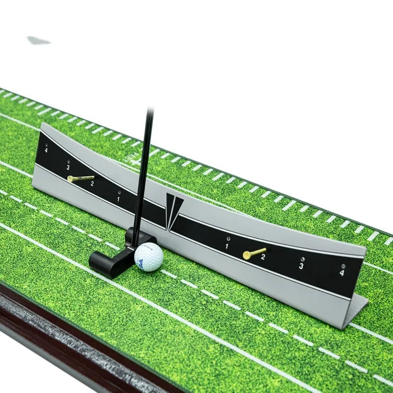Golf putter with attached adjustable trajectory balance simulator, a PVC training aid for stroke feedback.