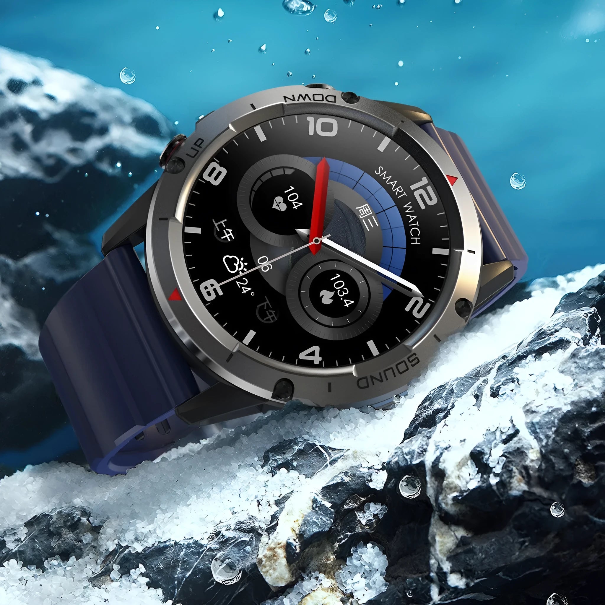 Smart silicone watch with Bluetooth calling and TFT screen, available in black, dark blue, and green