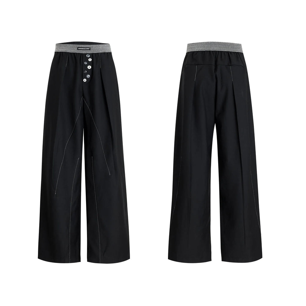 Straight-leg high-waisted casual trousers with a button-open front seam detail in black.