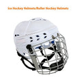 Ice hockey helmet with a carbon steel face mask, shown in size S/M/L/XL, for head protection.