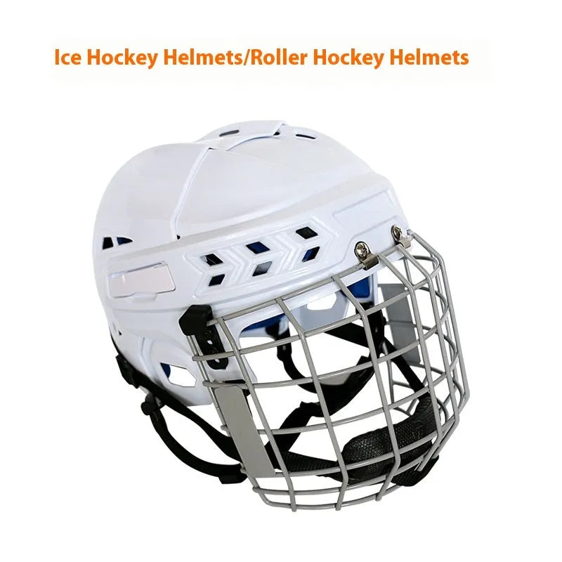 Ice hockey helmet with a carbon steel face mask, shown in size S/M/L/XL, for head protection.