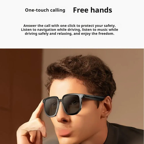 Black Bluetooth smart sunglasses with touch control and anti-blue light lenses