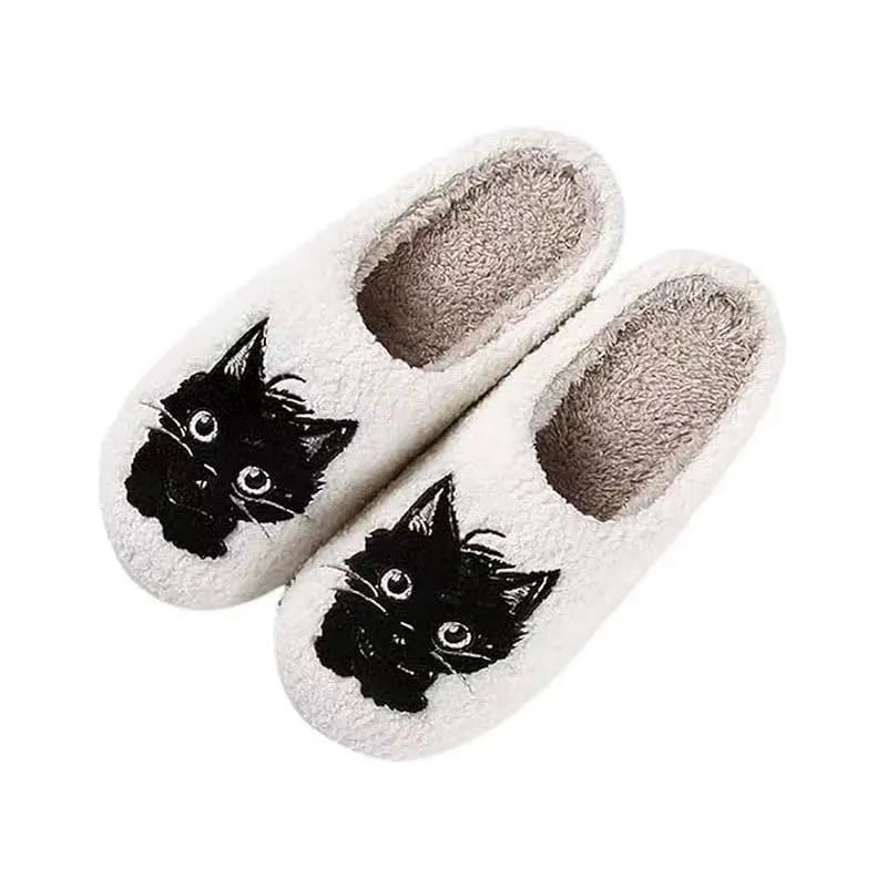 White plush couple slippers with a black beard cat cartoon pattern and a non-slip sole