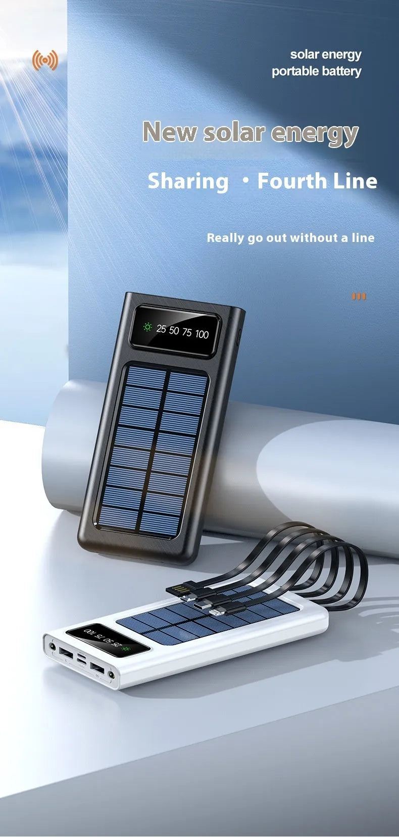 Black or white 20000mAh solar power bank with cable, showing creative design and portable size