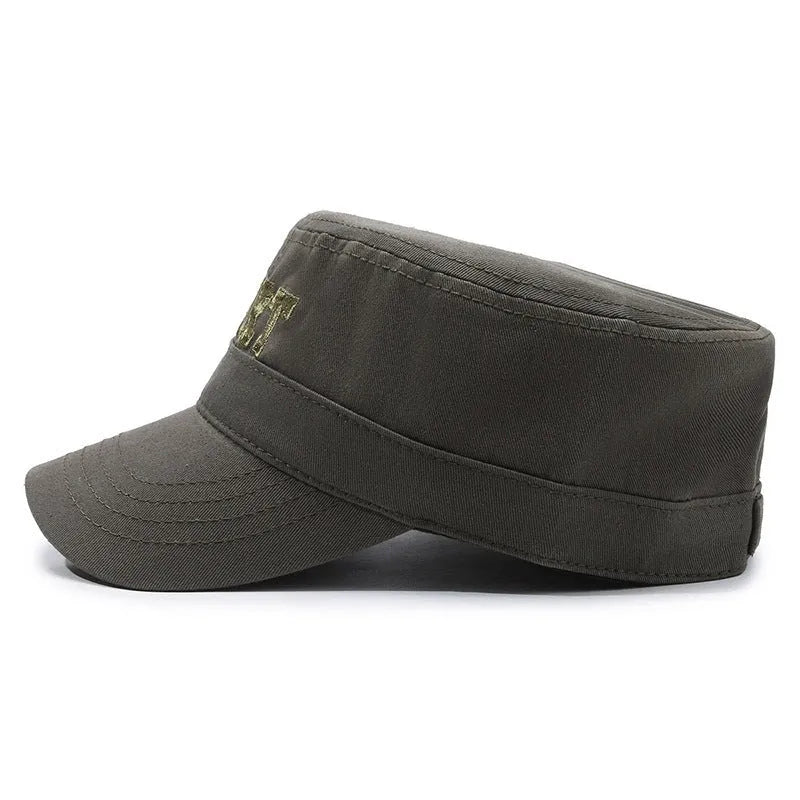 Men's flat-top peaked cap in cotton on adjustable strap, shown in army green colour.
