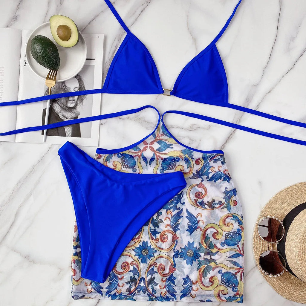 Blue triangle bikini 3 piece set with chest pad for women, spandex polyester, sizes S M L