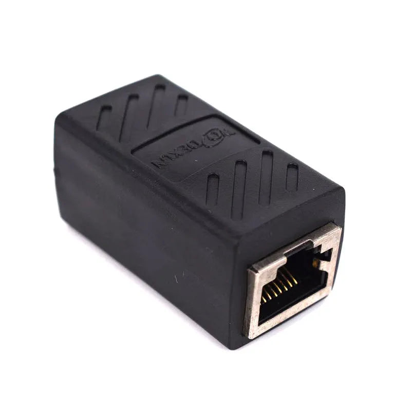 Black RJ45 network cable extender adapter connecting two Ethernet cables.