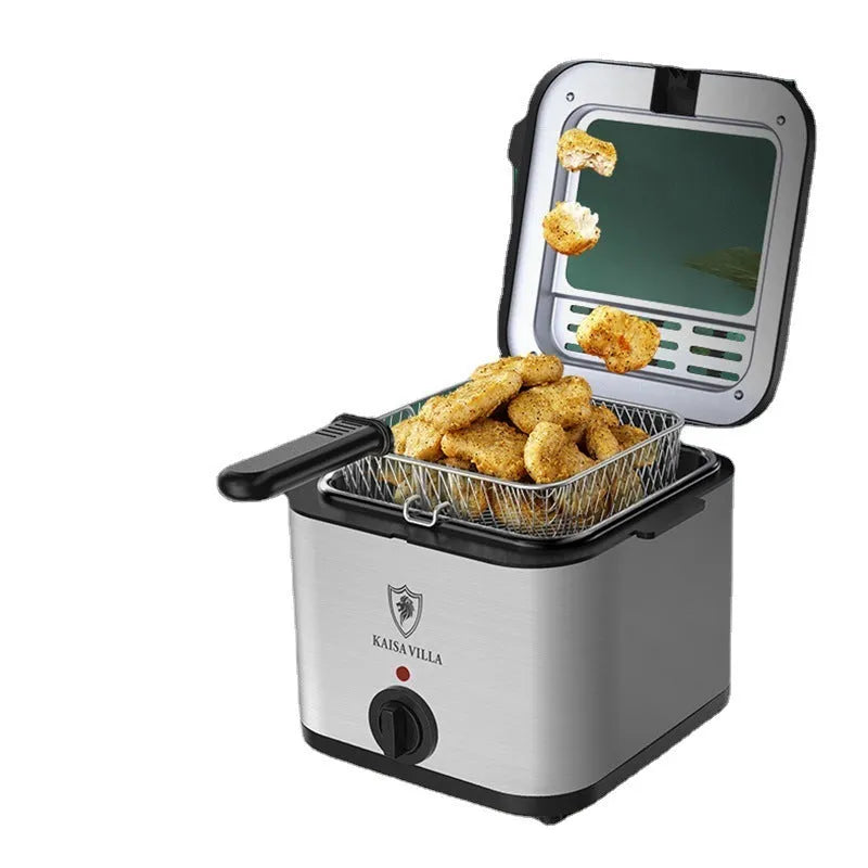 Silver electric air fryer with detachable basket on kitchen countertop