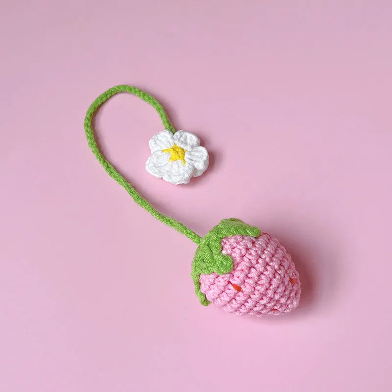 Handcrafted wool crochet strawberry pendant necklace on 35cm chain in red or pink colour options