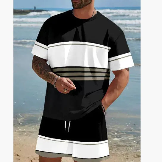 Man wearing a loose light blue short-sleeved t-shirt and matching shorts from a polyester summer set.