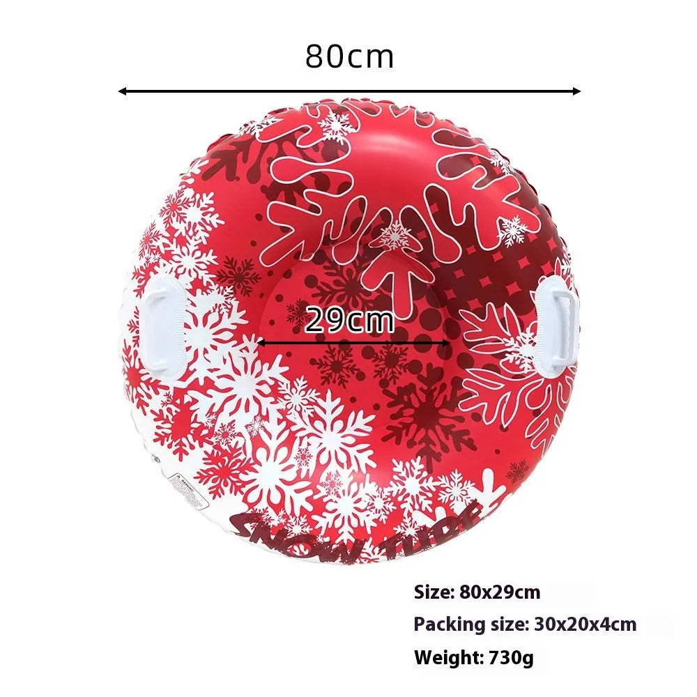 Colourful printed PVC winter ski ring toy for children's snow play, shown in red, blue, and white designs.