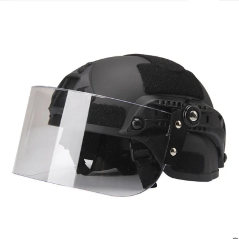 Transparent polycarbonate helmet mask with guide rail for attachment, showing semi-rimless sports design.