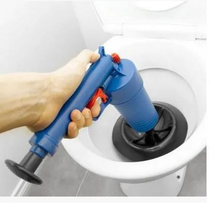Plastic high-pressure drain blaster gun with four different sized rubber suction adaptors for unblocking pipes.