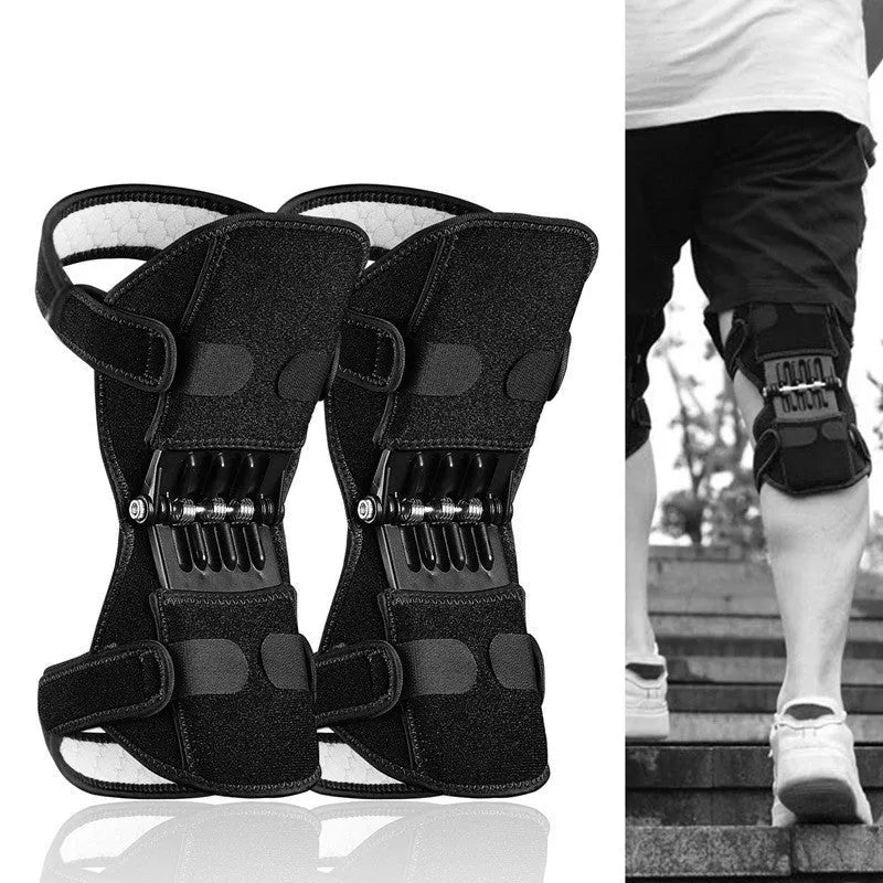 Adjustable spring knee brace support for mountaineering and sports, shown in black with breathable fabric.