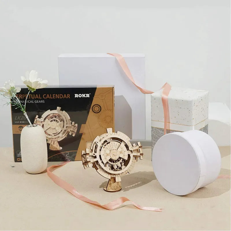 Wooden film projector 3D puzzle with hand crank and fully mechanical gear assembly