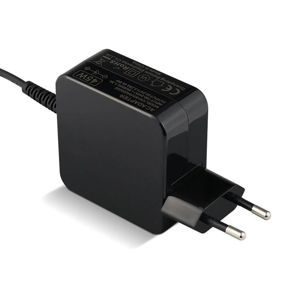 Black 45W laptop power adapter and cable with choice of US or EU plug, showing compact dimensions.