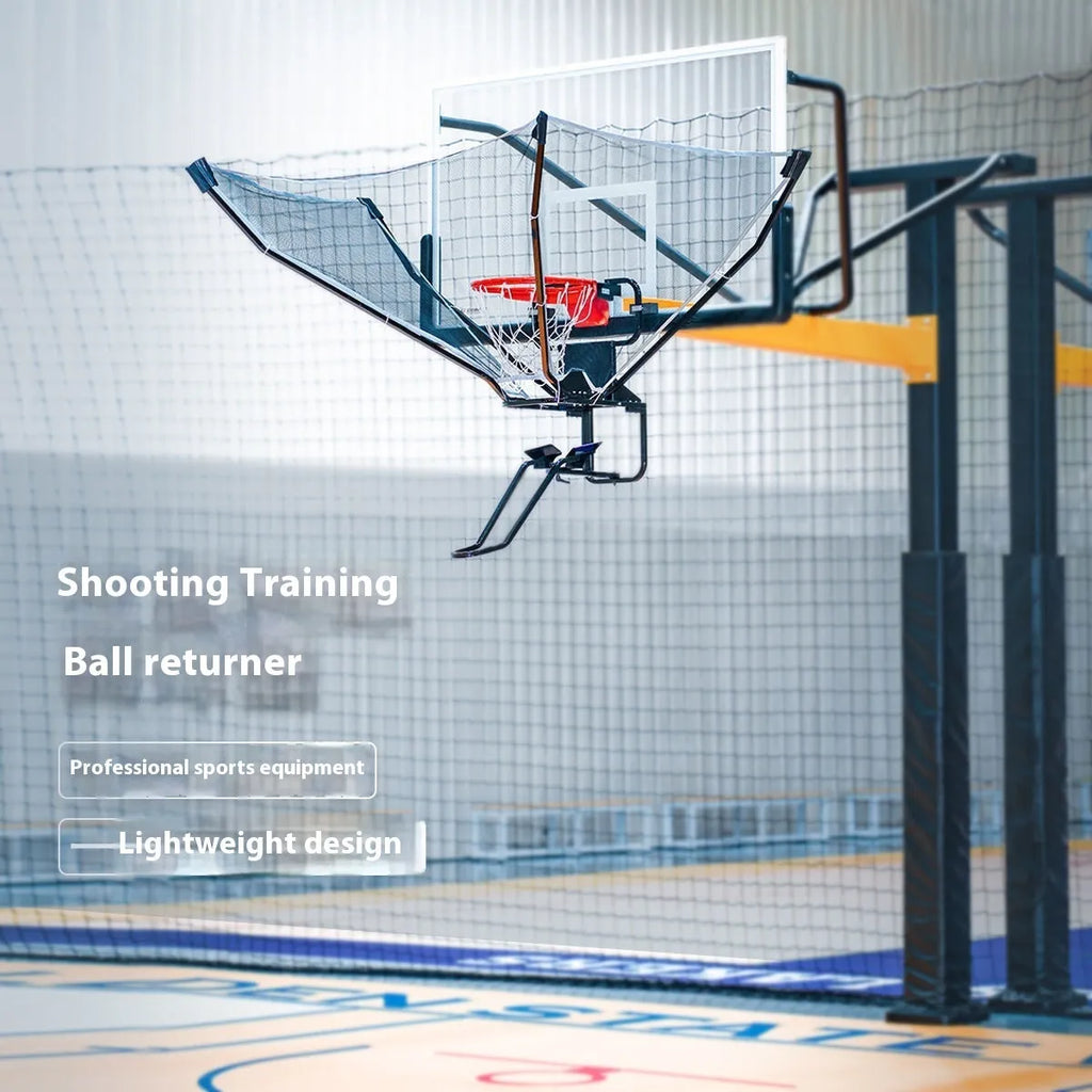 Automatic basketball training ball return with cowhide leather components and iron frame, hanging for solo shooting practice.