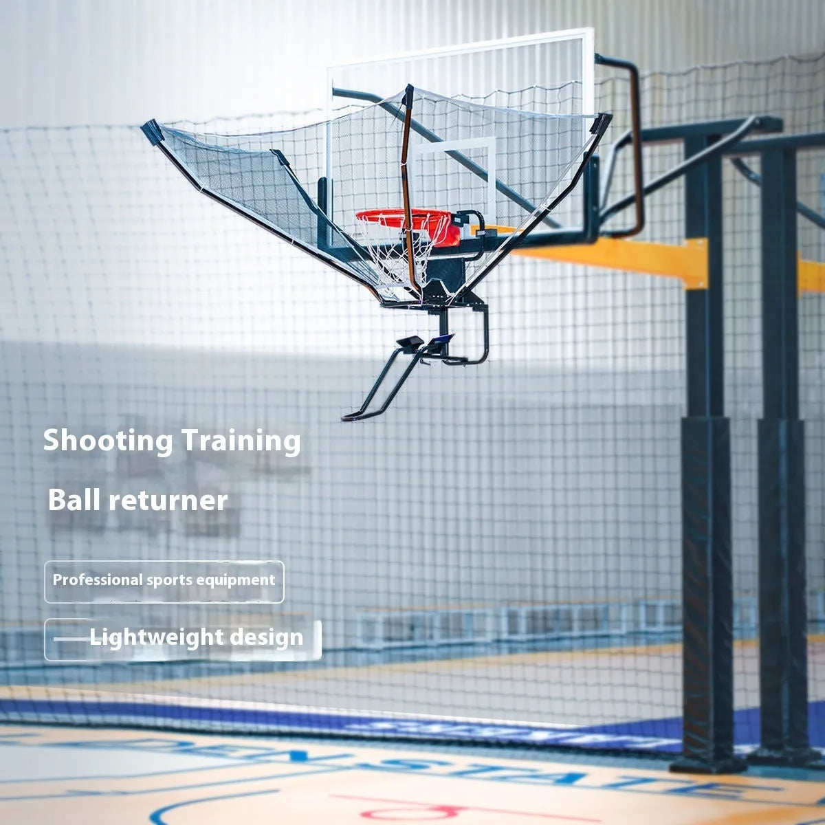 Automatic basketball training ball return with cowhide leather components and iron frame, hanging for solo shooting practice.