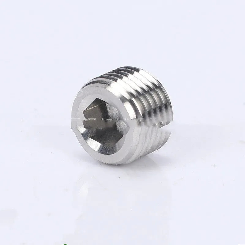 Stainless steel hexagonal pipe plug with 3/8 inch NPT threads for bulkhead fittings.