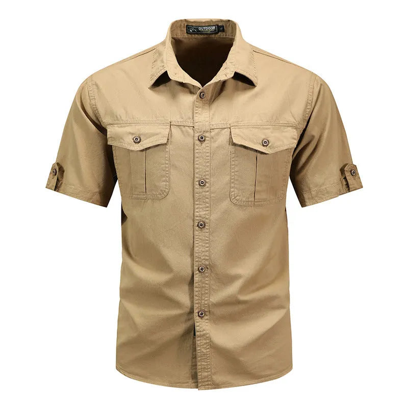Men's short sleeve cotton shirt in khaki, regular fit cardigan style for summer casual wear