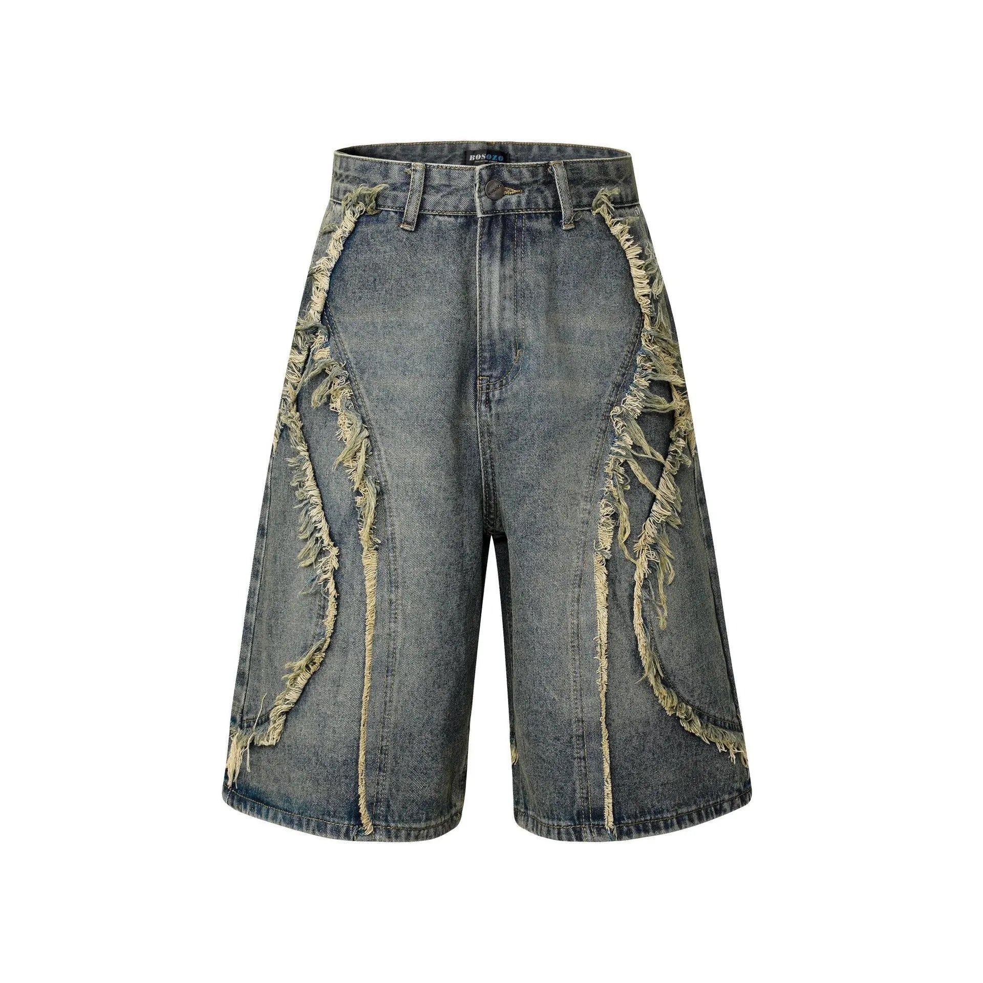 Distressed raw edge denim shorts in light blue on a mannequin, showing straight cut and cropped length.