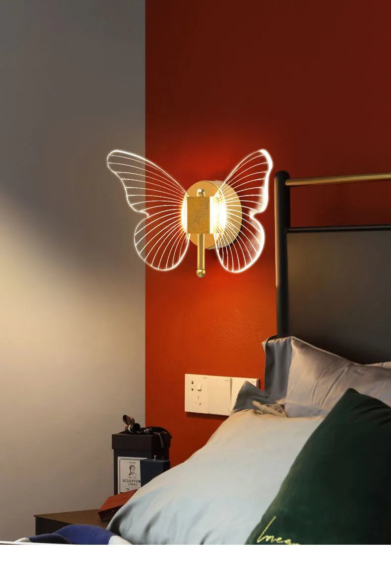 Butterfly acrylic wall lamp with golden three-colour dimming warm decorative lighting fixture