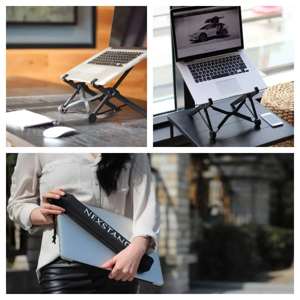 Sagacious black portable folding laptop bracket on a table with carrying case