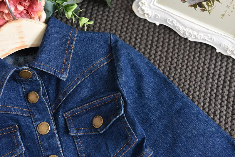 Girls navy denim dress with long sleeves and irregular skirt, cotton-rich fabric, sizes 100-140cm.