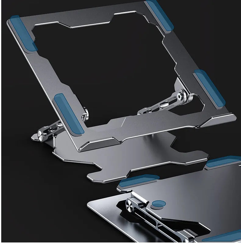 Grey adjustable aluminium laptop stand holding a silver laptop, shown in a folded and unfolded position.