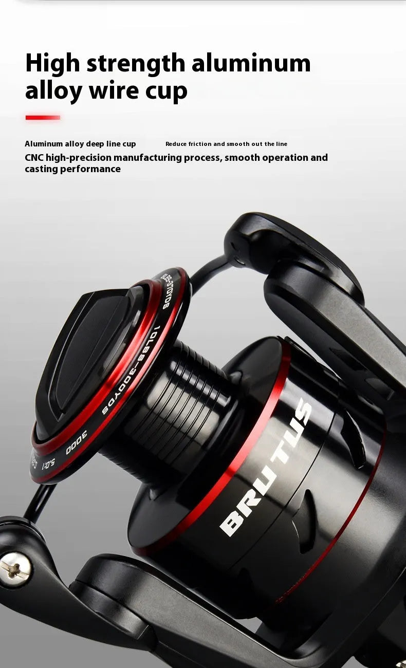 All metal spinning fishing reel and collapsed telescopic fishing rod combo on a background.
