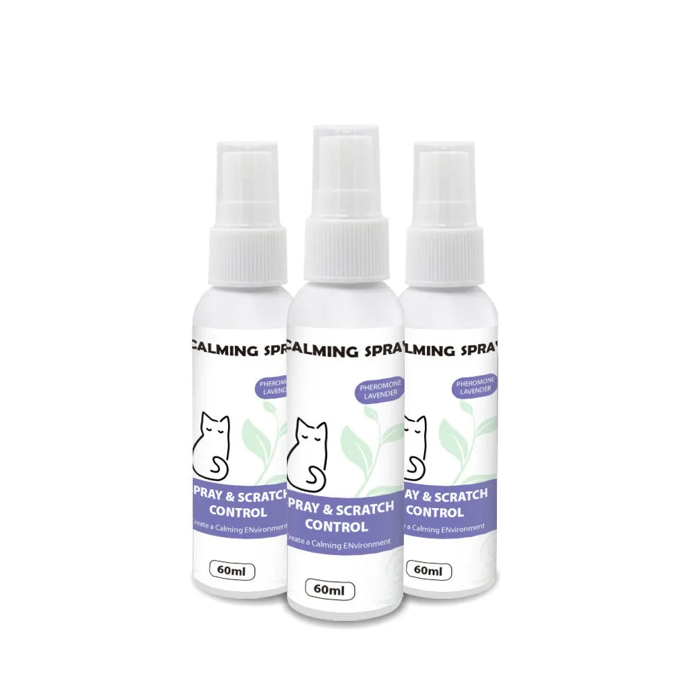 Purple 60ml pet calming spray bottle with organic oil formula for cats and dogs, TPR material