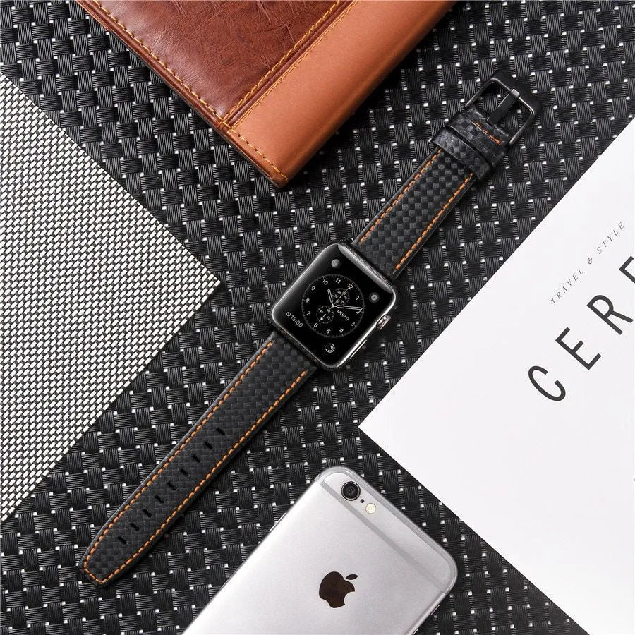 Compatible Apple Watch leather strap with carbon fibre pattern on PC case in red, black, orange, or blue