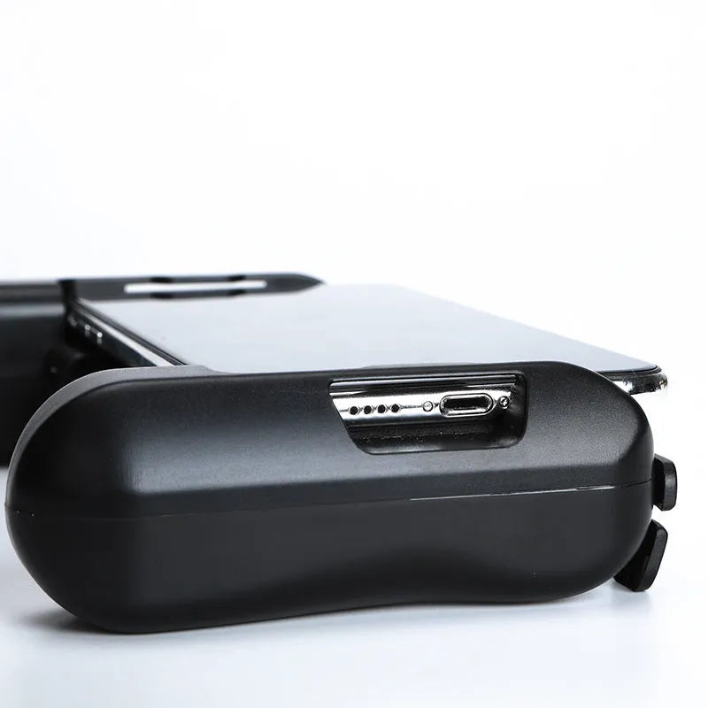 Black Bluetooth mobile game controller for iPhone with cooling function.