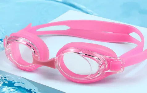 Black myopia swimming goggles with a protective case on a blue background.