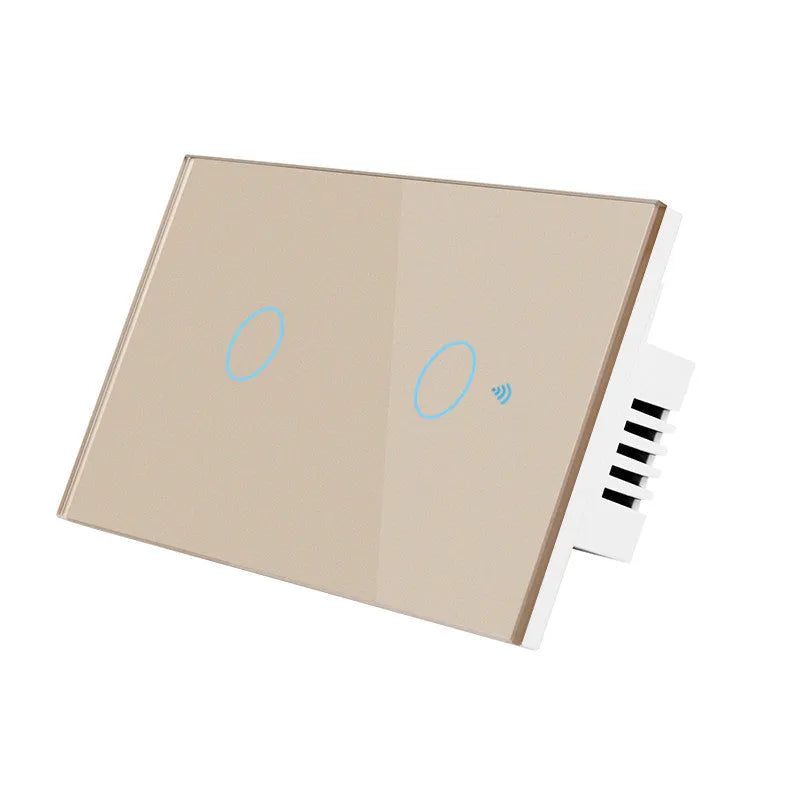 White tempered glass touch light switch with 2-gang control and red/blue LED indicators