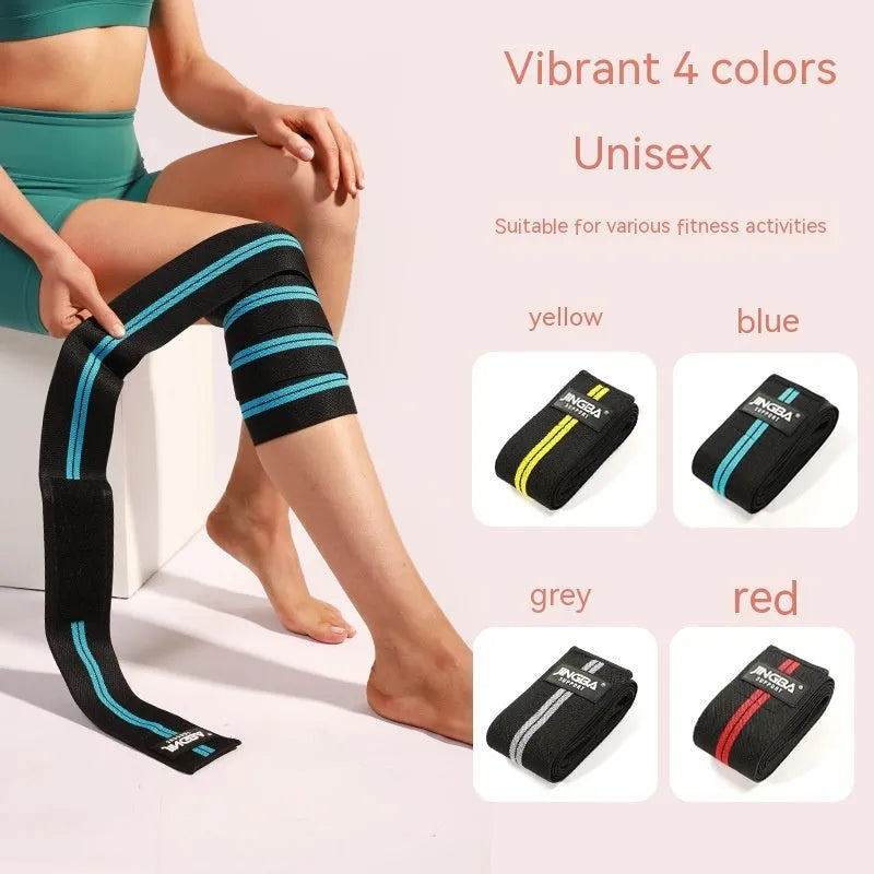 Sports knee pads for weightlifting and cycling in adjustable free size with blue, yellow, red, or grey colour options
