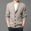 Man wearing a black Korean-style jacquard patterned knitted cardigan jacket.
