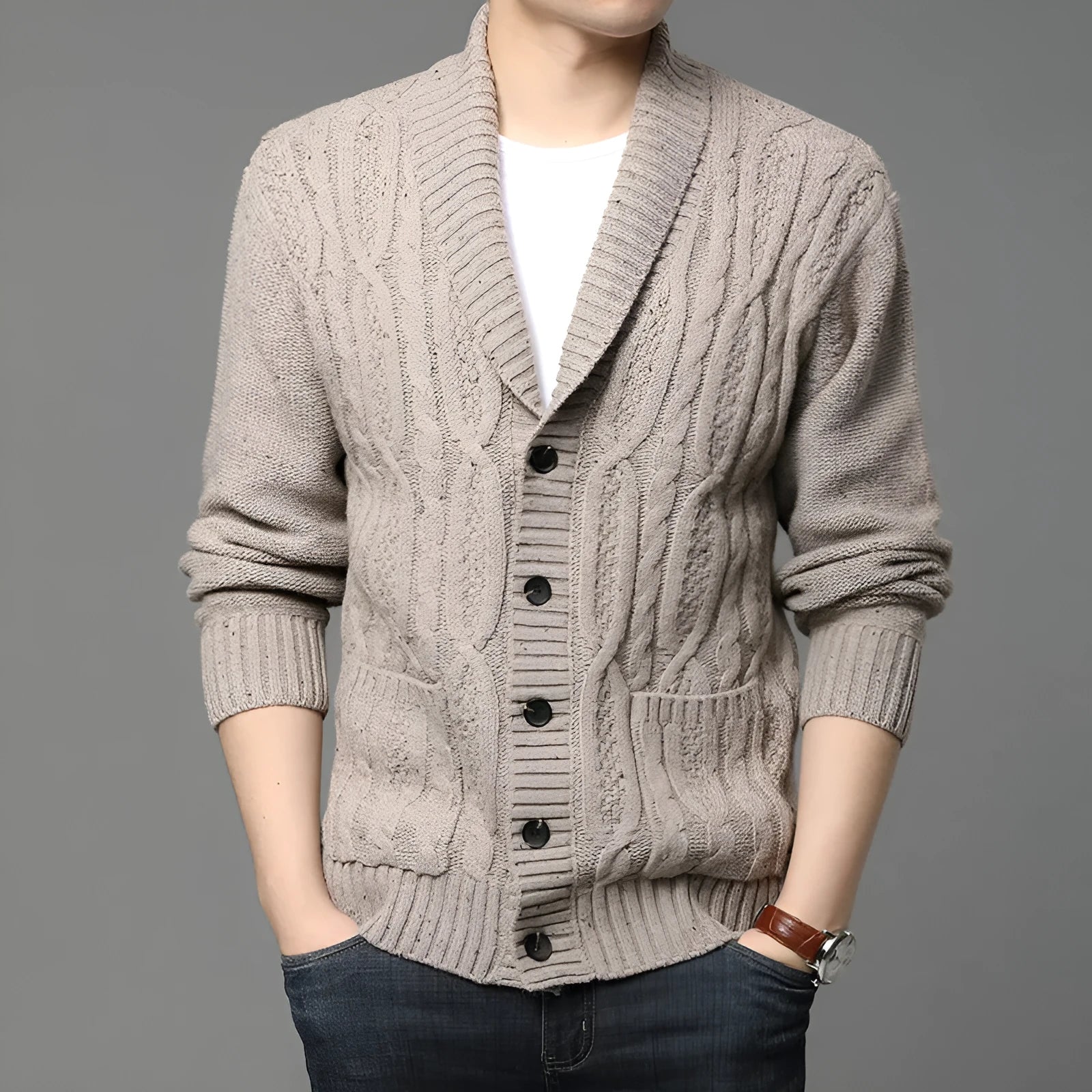 Man wearing a black Korean-style jacquard patterned knitted cardigan jacket.