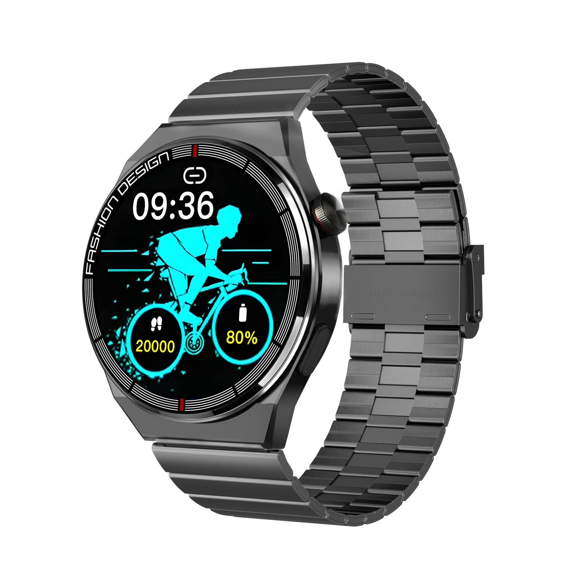 Black smartwatch with silicone strap showing heart rate and step count on its 1.28-inch screen.