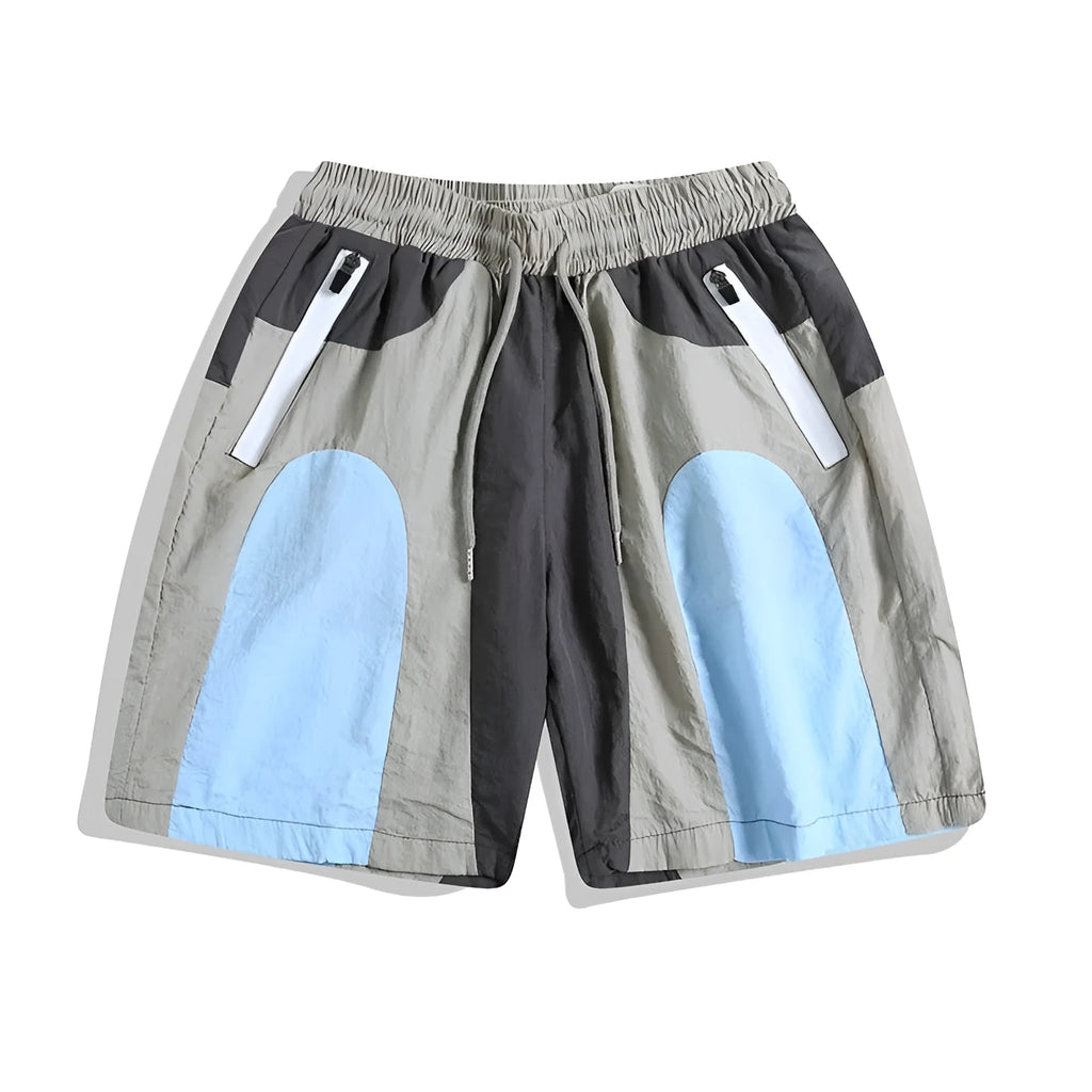 Blue patchwork outdoor sports shorts with loose straight-leg fit and above-the-knee length