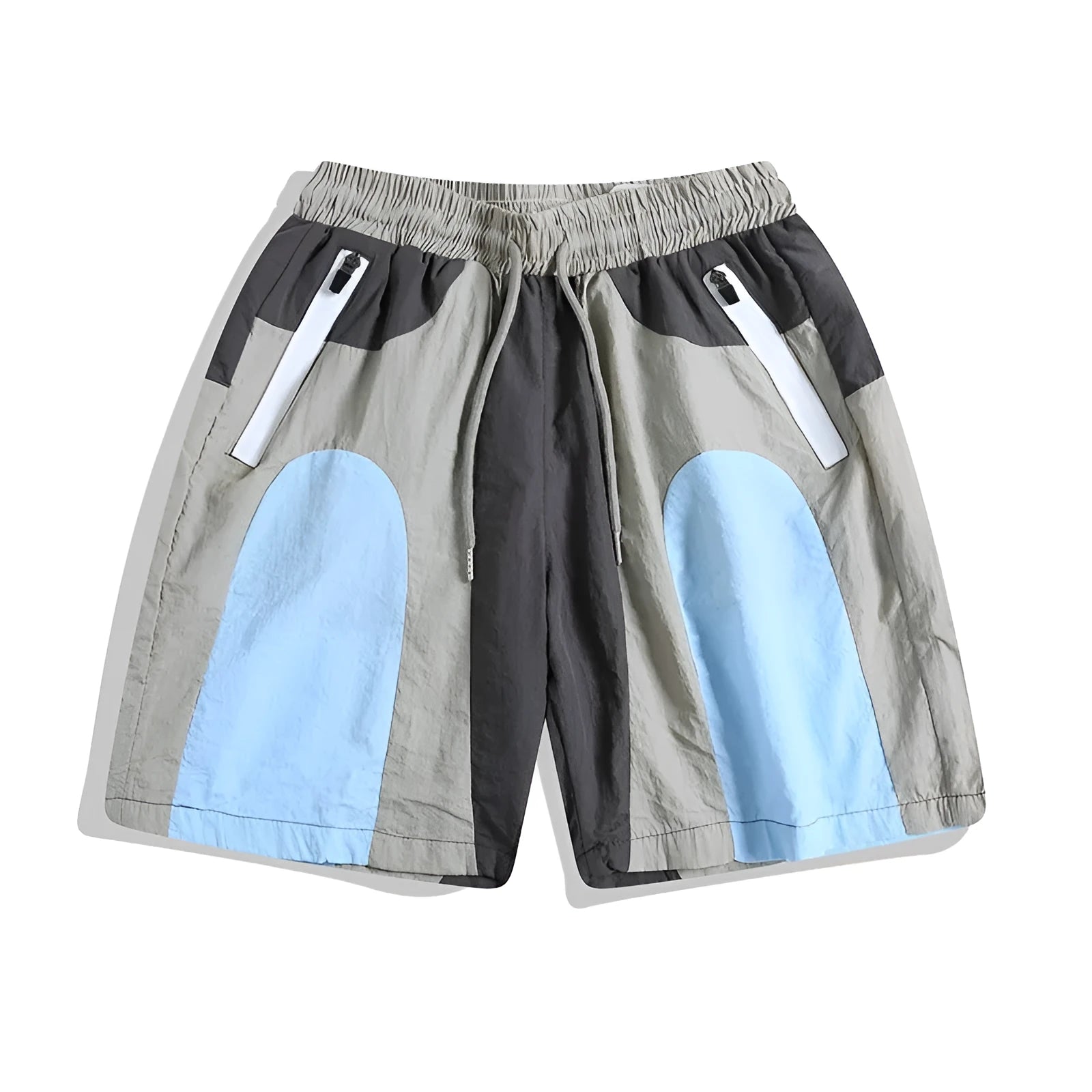 Blue patchwork outdoor sports shorts with loose straight-leg fit and above-the-knee length