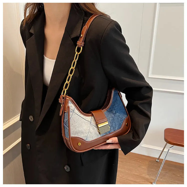 Brown denim women's shoulder bag with diamond chain detail and bucket shape