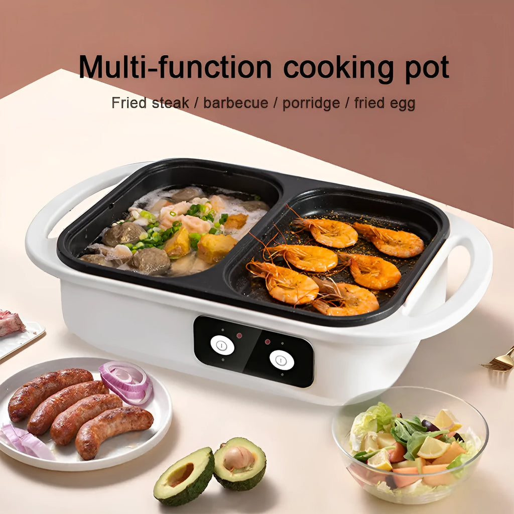 White and green dual-function electric cauldron frying oven with mechanical controls and 1300W power rating