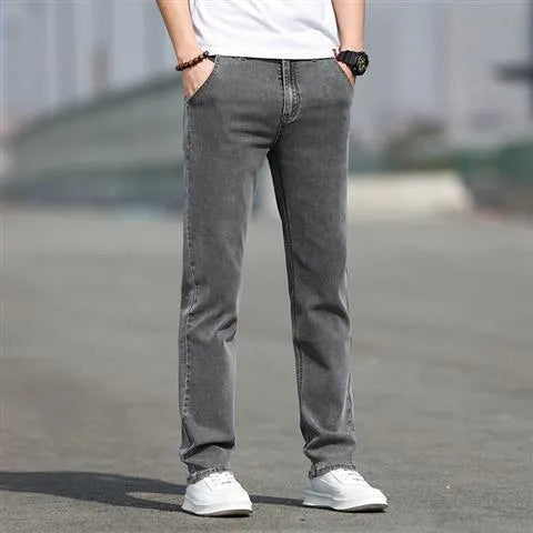 Men's smoky gray jeans with straight-leg cut and low-waist design