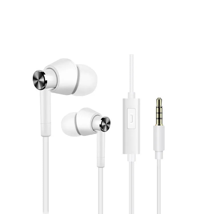 Black and white in-ear earphones with subwoofer for computer and mobile phone.