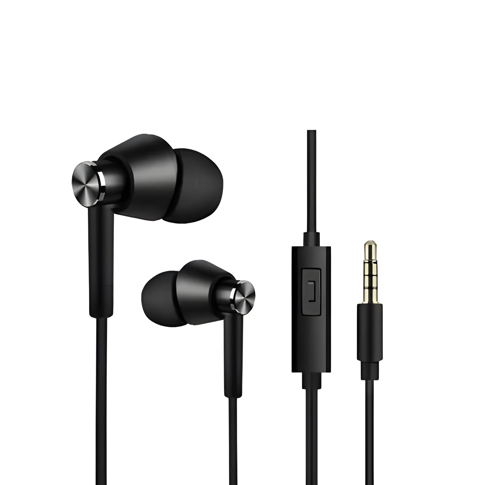 Black and white in-ear earphones with subwoofer for computer and mobile phone.
