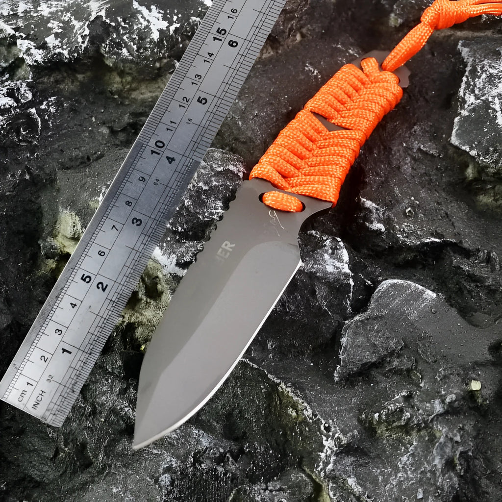 Outdoor straight knife with rope handle and ABS sheath showing 200mm length and sanded steel blade
